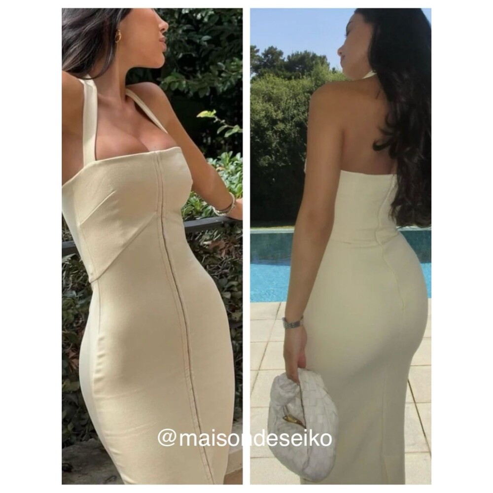 House of CB Maxi Dress Mia Ecru Halter Butter Yellow Beige size L